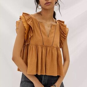Anthropologie Caroline Ruffled Babydoll Top in Cedar Orange S